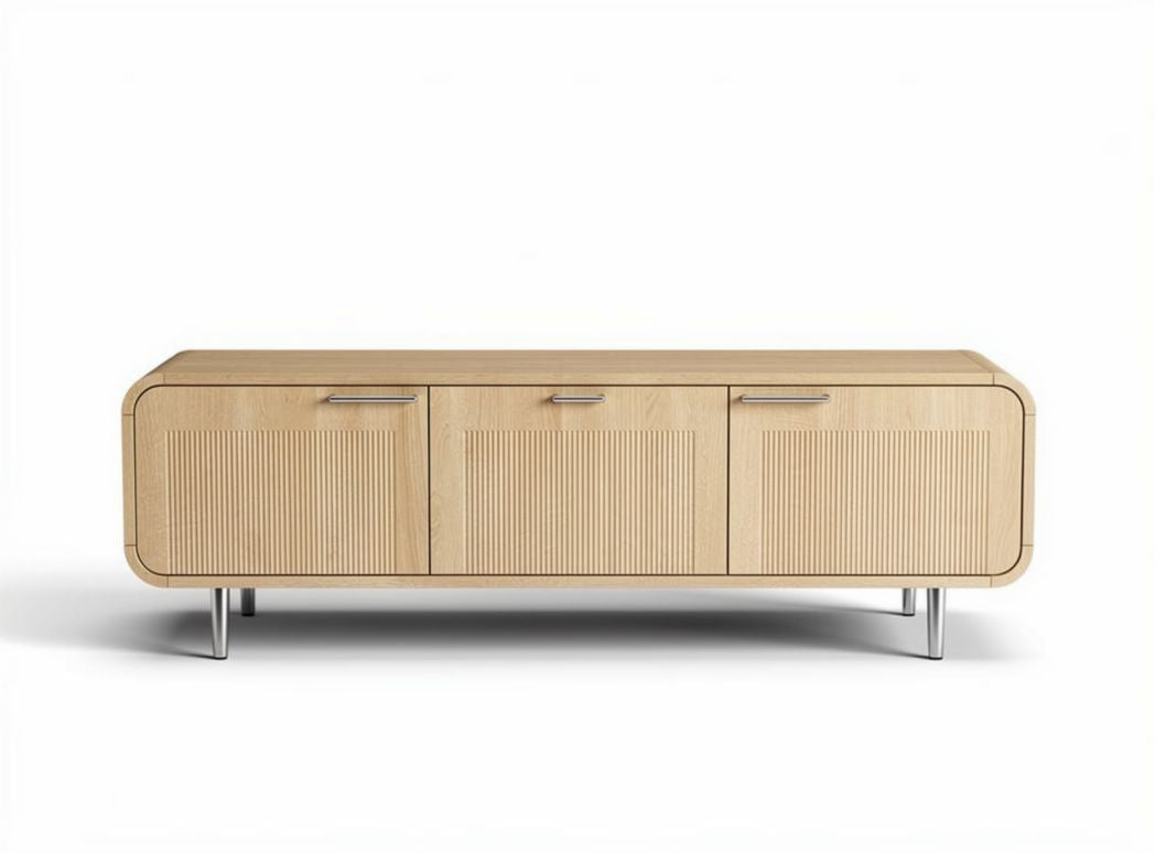 Wooden media console with three storage compartments and metal legs
