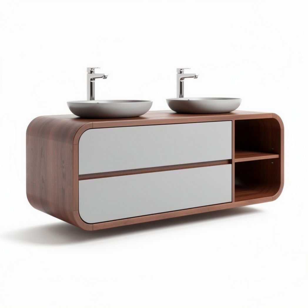 Double basin vanity cabinet in walnut wood finish with countertop storage 120 x 50 x 45cm
