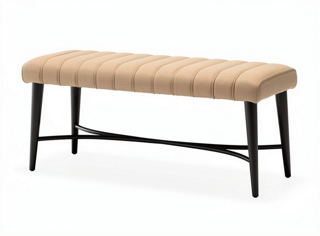 Upholstered bench with ribbed design in beige fabric and black metal legs 100 x 40 x 45cm