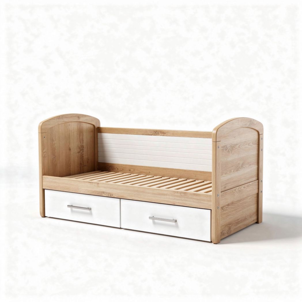 Wooden toddler bed with drawers and slatted base in natural finish 120 x 60 x 70cm