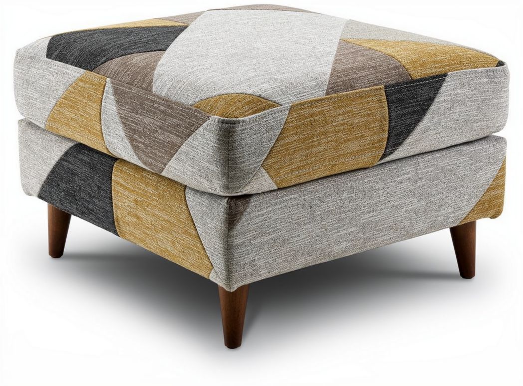 Fabric upholstered ottoman in geometric pattern with wooden legs 50 x 50 x 40cm