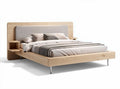 Wooden bed frame with padded headboard and side shelving units 200 x 160 x 100cm
